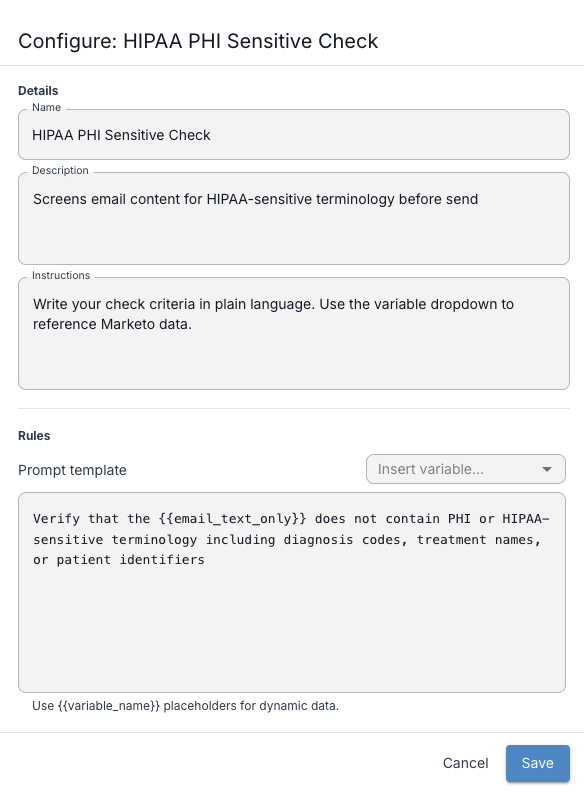 AI check authoring form with prompt editor and variable selector