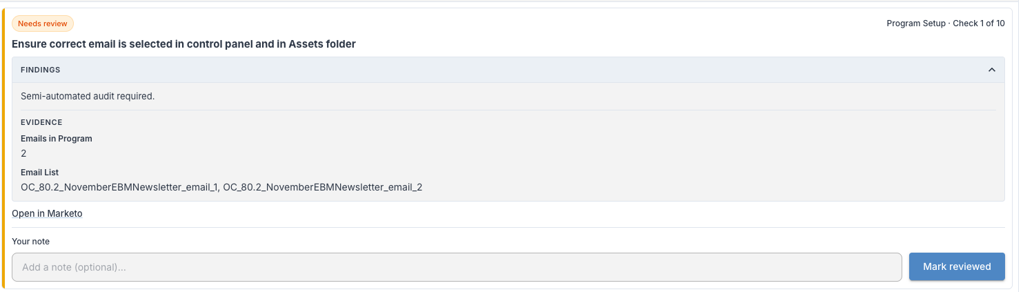 Semi-automated checks surfaced inline from Marketo for rapid QA review