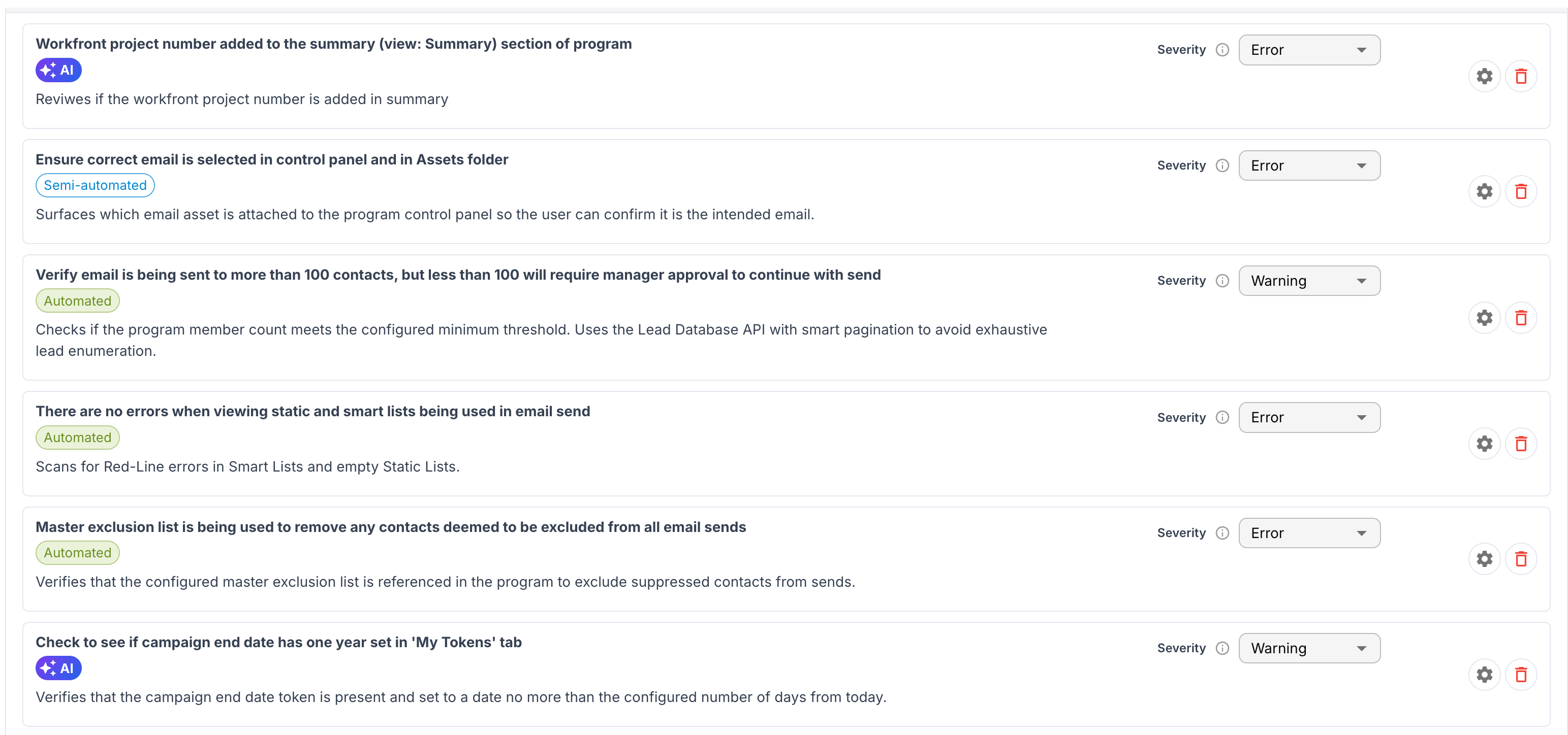 Check settings panel with org-configured required tokens, naming pattern, and UTM values