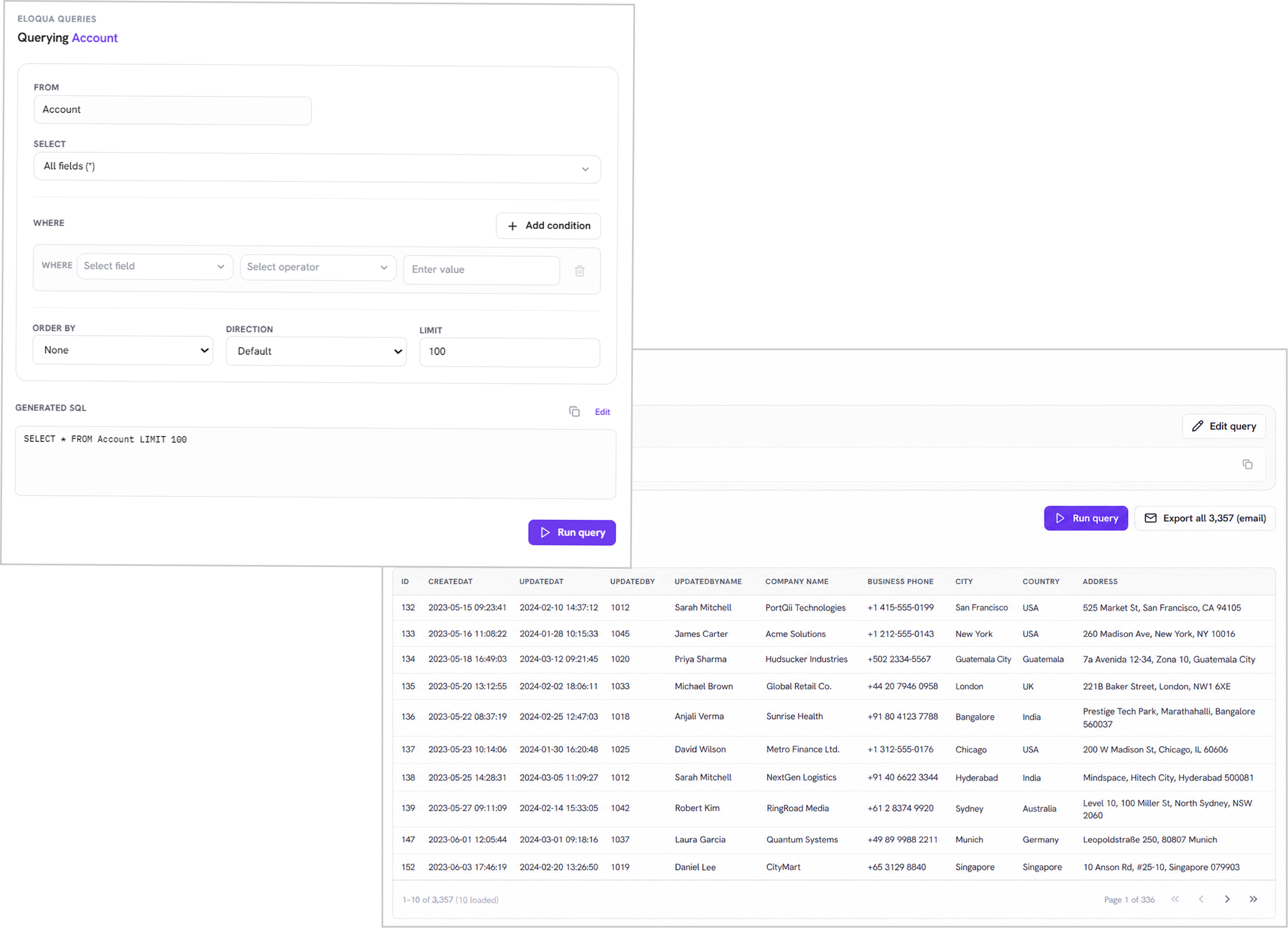 Eloqua Queries: Account query builder with FROM, SELECT, and WHERE, plus results you can page through and export.