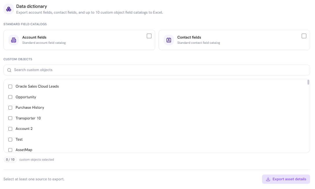 Data dictionary with Account fields, Contact fields, searchable custom objects, and Export asset details.