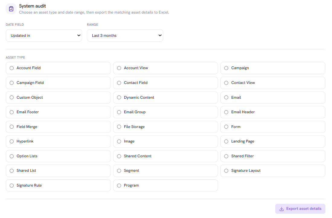 System audit screen with Updated in last 3 months, an asset type list, and Export asset details.